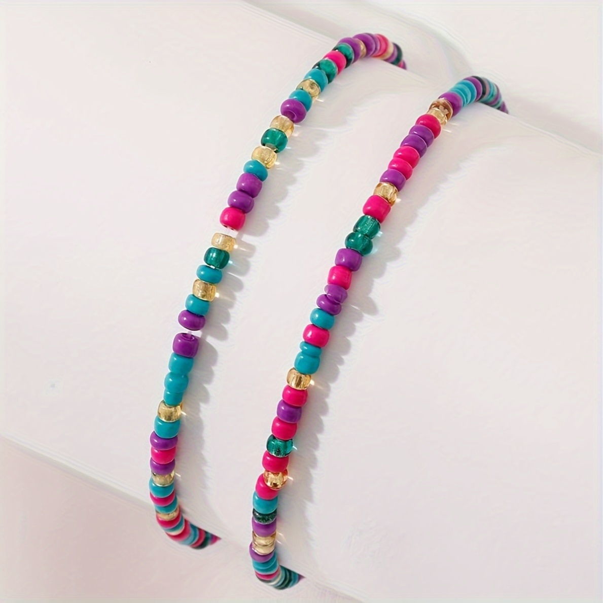Set of 2 Women's Stretch Rope Anklets with Rice Beads, Minimalist